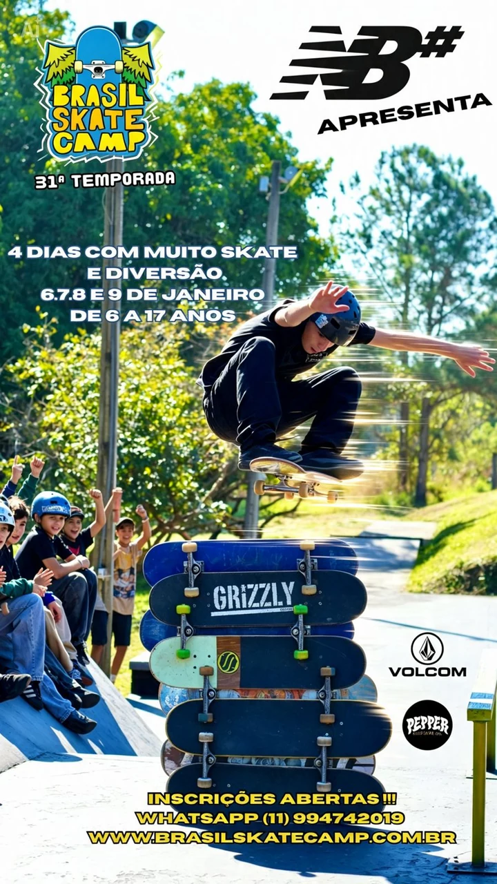 Cartaz da 31ª Temporada Brasil Skate Camp, de 6 a 9 de janeiro de 2027, com patrocínio da New Balance e parceria de Volcom e Pepper